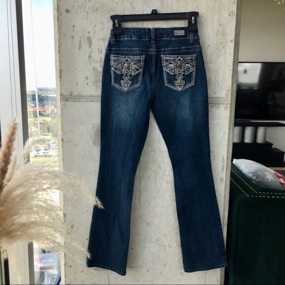 Wired Heart Dark Wash with Embroidered Cross Boot Cut Trouser Jeans 27